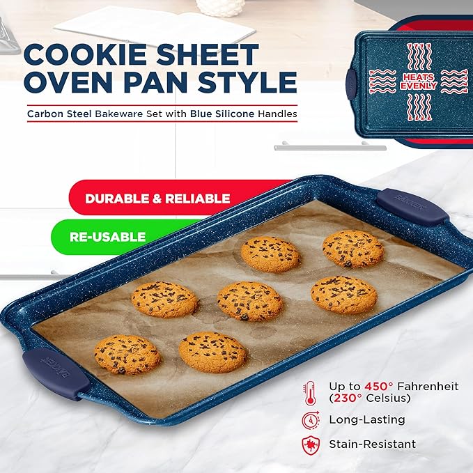 BAKKEN Kitchen Baking Pan Set - Nonstick Coating, Carbon Steel Bakeware Sets with Blue Silicone Handles, Baking Kitchen Essentials, PFOA, PFOS, PTFE Free, Oven Safe Tray (Up To 450° F), Set of 6