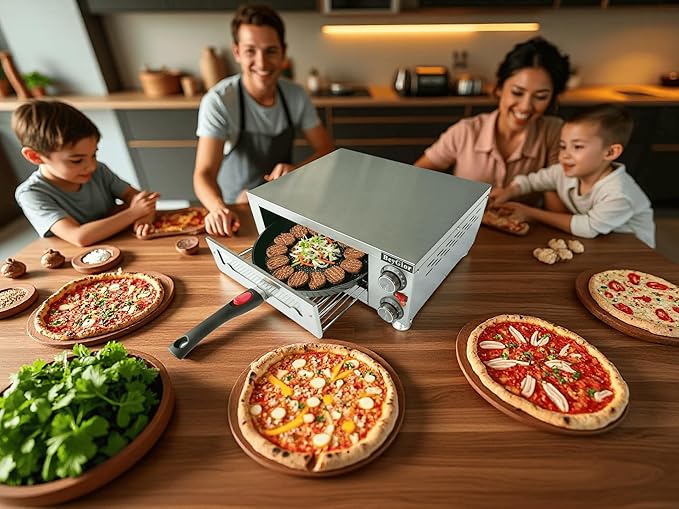 12 Inch Electric Pizza Oven Indoor, Countertop Pizza Oven with Visual Window, Commercial Pizza Maker with Removable Handle, Stainless Steel Pizza Cooker (Silver)