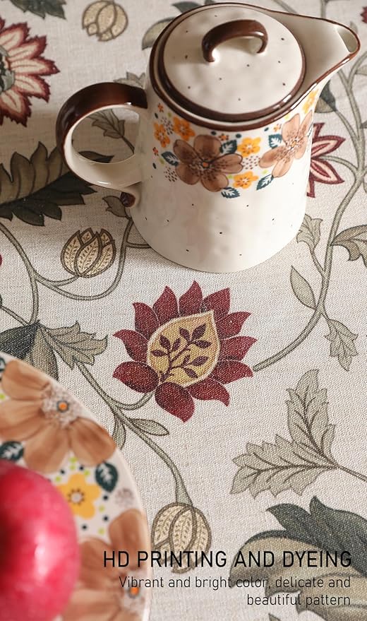French Tablecloth for Round Tables,Linen Table Cloth with Red Flowers Pattern,Heavy Durable Table Cover for Dining Thanksgiving Kitchen Decor Party Christmas,Diameter 67"