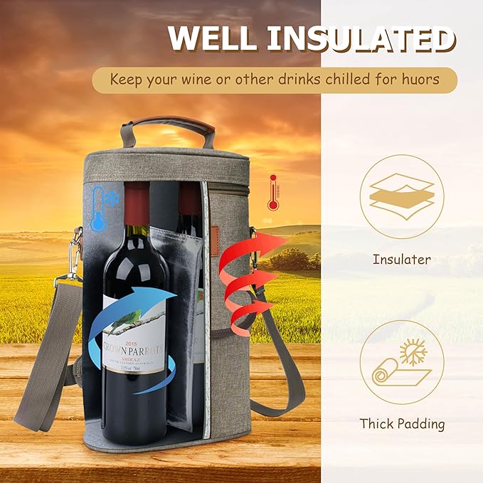 Tirrinia 2 Bottle Wine Gift Tote Carrier - Leakproof & Insulated with large pockets Wine Cooler Bag for Travel, Wine Tasting, Party, Dinner, Great Gift for Wine Lover
