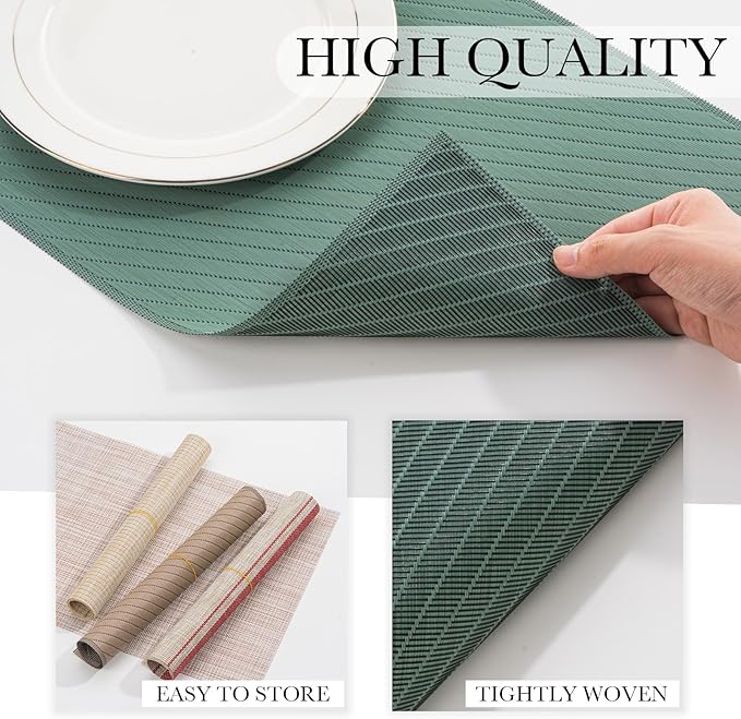 BACKTOEDEN Placemats Set of 6 Heat Resistant Washable Wipeable Placemat Woven Non-Slip Foldable Vinyl/Plastic Place Mats Indoor/Outdoor Mat Kitchen Dining Table Pad, Green Twill