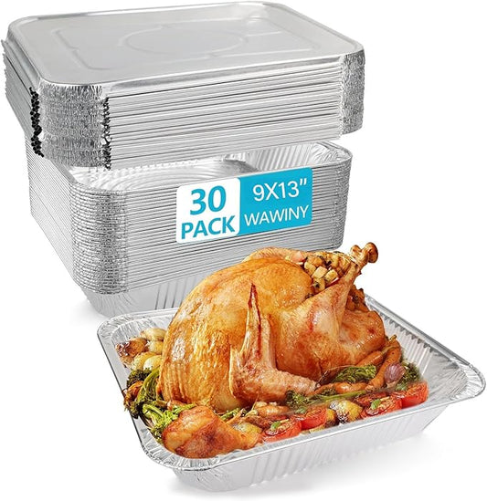 9x11 In Aluminum Pans with Lids, Extra Deep Disposable Baking Pans for Roasting, Baking, Cooking, Food Prep, Chafing, Steam Table, Oven, Cake, and Party Catering. (30-with lids)