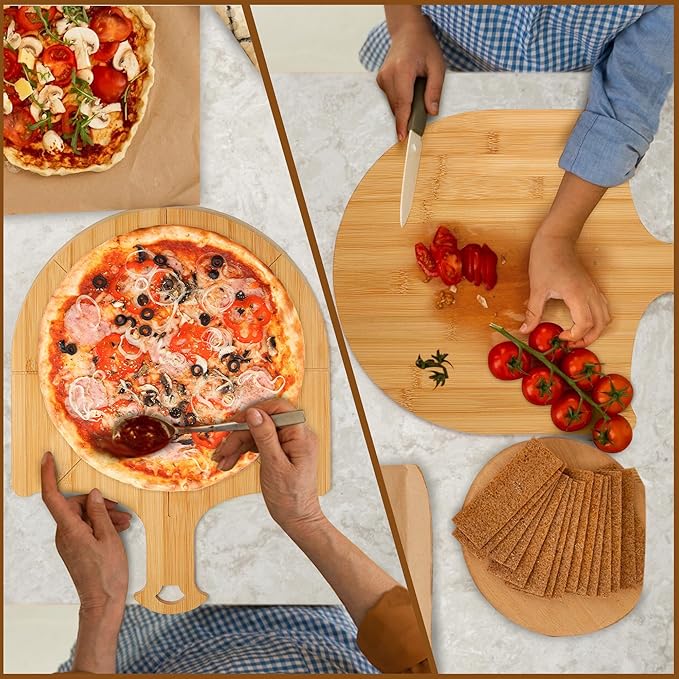 Pizza Peel Wooden, 12 Inch Pizza Spatula Wood Non-Stick, Bamboo Pizza Paddle as Cutting Board with Cutting Grooves for Easy Pizza and Bread Making