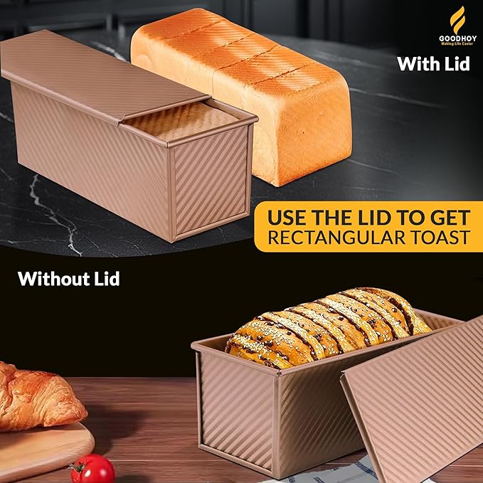 2lb set Nonstick Pullman Loaf Pan With Lid For Homemade Bread Carbon Steel Sandwich Bread Baking Mold With Sliding Lid Durable Toast Box For Square Loaf Shokupan Soft Milk Bread & Gift Box