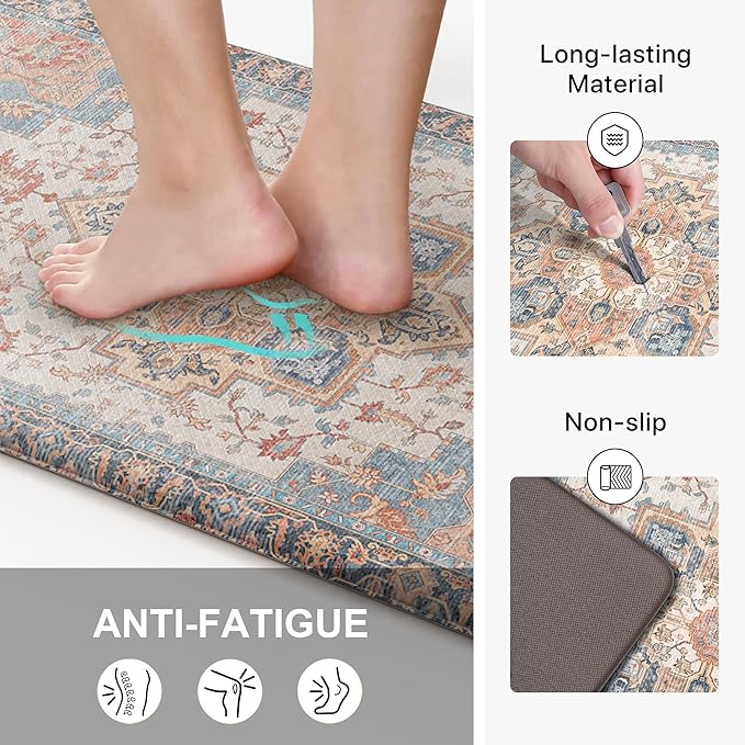 GENIMO Kitchen Mats for Floor, Washable Anti Fatigue Mat for Cushioned, 23.6"x71", Waterproof Kitchen Rugs, Non Slip Comfort Standing Mat Rug for Home, Sink, Laundry, Blue&Salmon
