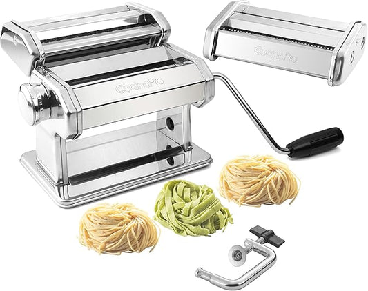 Pasta Maker Machine- Heavy Duty Chrome Coated Steel Construction with Fettucine & Spaghetti Attachments, Rollers w Adjustable Thickness Settings, Manual Hand Crank, Includes Recipe Guide, Xmas Gift