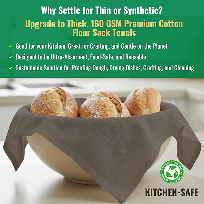 Flour Sack Towels 100% Cotton Dish Towel Reusable Baking Cloth for Bread Dough, Baguettes, Ciabatta, Machine Washable, Kitchen Towels for Cleaning – Set of 6 (28"x28") - Charcoal