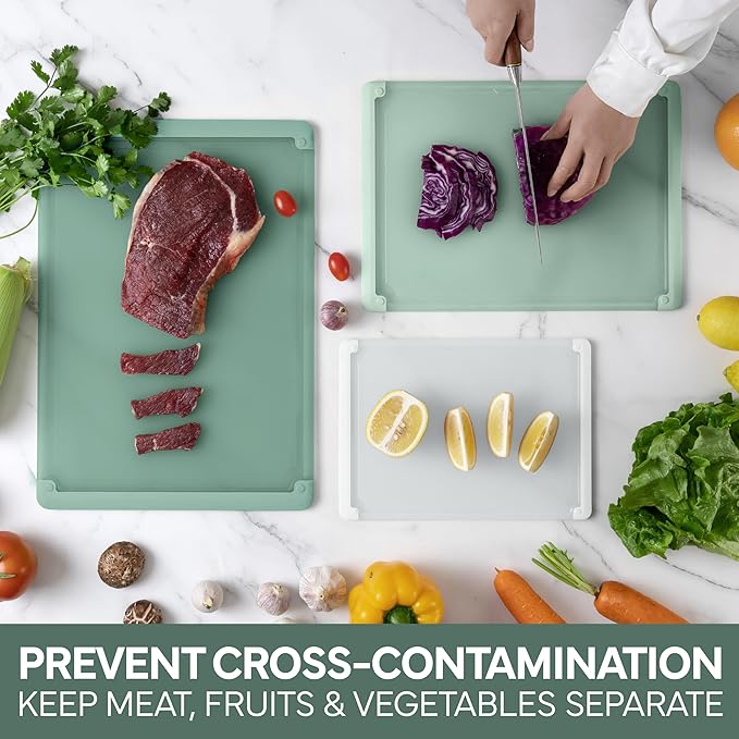 COOK WITH COLOR Extra Large Cutting Board Set, Jumbo-Sized Boards with Rubber Border for Enhanced Cooking Experience, 3-Piece, Sage