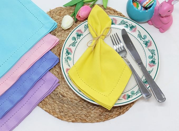 PurpleEssences Set of 6 Hemstitch Cloth Dinner Napkins 100% Cotton - Soft Durable Washable - Ideal for Wedding Christmas Holiday Winter - Perfect Everyday Use Table Linen 18x18 - Yellow