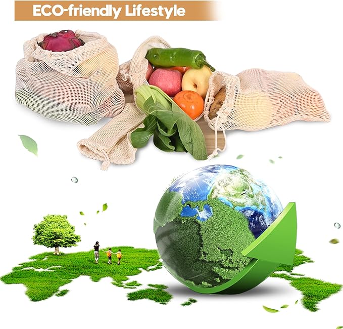 6 Pack Reusable Produce Bags - Cotton Mesh Produce Bags - Reusable Shopping Bags - Vegetable Grocery Cotton Mesh Bags for Farmers Market, Beach, and Refrigerator Storage Vegetables,2xS, 2xM, 2xL.