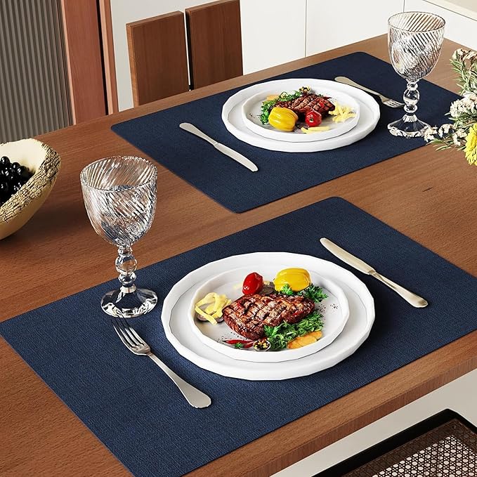 DOLOPL Placemats Set of 8, Reversible Wipeable & Heat Resistant Place Mats, Modern Faux Leather Table Mats for Kitchen, Neutral Waterproof Tablemats for Dining Table Decor, Wedding, Party(Navy Blue)