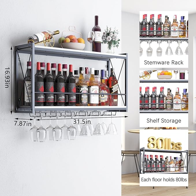 Dokser Wine Rack Wall Mounted Shelf - 2 Tier, Rustic Wood & Industrial Iron Frame Wine Bottle Holder for Kitchen, Dining Room, Home Bar Decor (White)