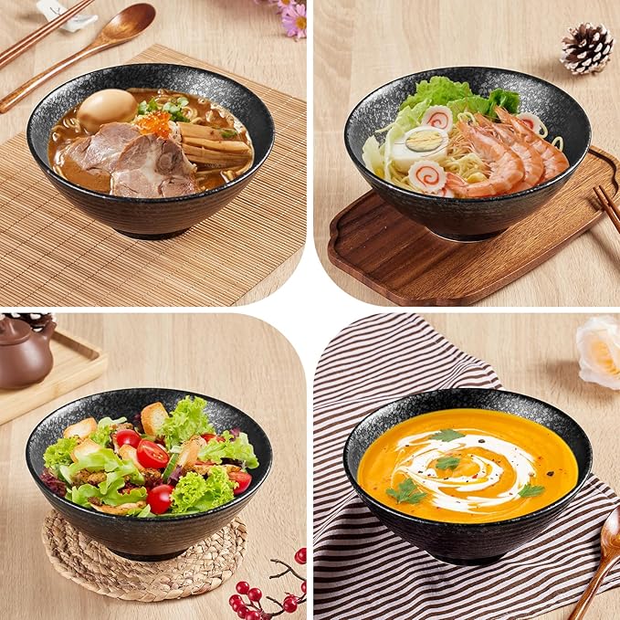 40 OZ ceramic ramen bowls, 8 IN large Japanese noodle soup bowl, match chopsticks and spoons, suitable for Pho, Udon Asian noodles (Black color)