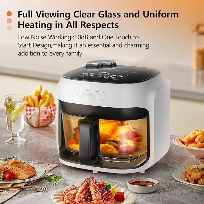 BOSWELL Steam Glass Air Fryer, 7.5QT Borosilicate Bowl with Circulating Heat, Digital Touchscreen, 400°F Max Temp, Oil-Free Fryer with Mist Function, Dishwasher Safe (White)