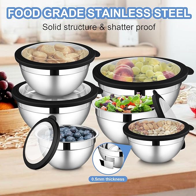 LIANYU Stainless Steel Mixing Bowls Sets of 6, Large 7, 3.5, 2.5, 2, 1.5, 1QT Size with Transparent Airtight Lids, Metal Nesting Serving Bowl Sets for Home Kitchen, Dishwasher & Freezer Safe, Black