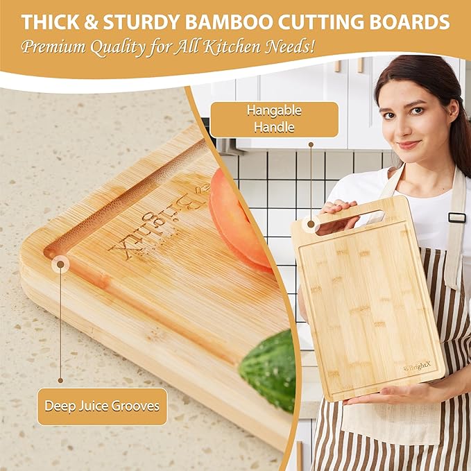 BRIGHTX Premium 3pc Bamboo Cutting Boards for Kitchen - Small, Medium & Large Wooden Cutting Boards for Kitchen | BPA-Free, Dishwasher Safe Cutting Board Set | Best Non-Toxic Wood Cutting Board Set