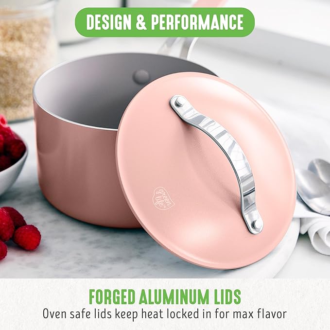 GreenLife 2 Quart Nonstick Saucepan with Lid, Lightweight Healthy PFAS-Free Milk Pan, Dishwasher & Oven Safe Soup Pan, Durable Body, Silicone Stay-Cool Handle, Easy Release Chef’s Pan, Pink