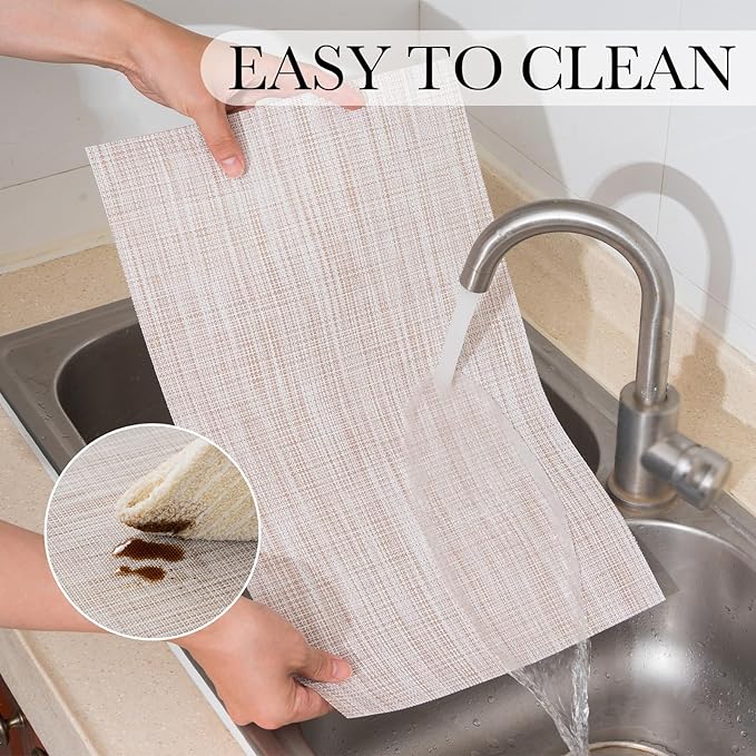 BACKTOEDEN Placemats Set of 6 Heat Resistant Washable Wipeable Placemat Woven Non-Slip Foldable Vinyl/Plastic Place Mats Indoor/Outdoor Mat Kitchen Dining Table Pad, Beige