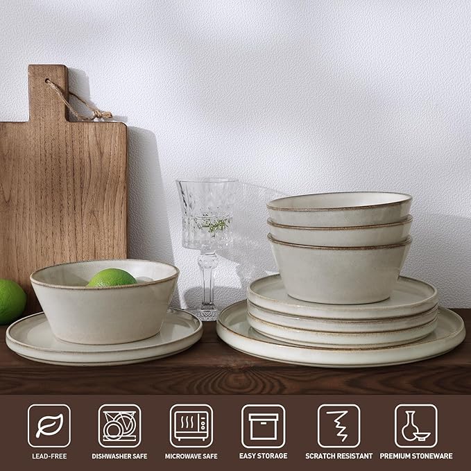 Famiware Annecy Plates and Bowls Sets, Stoneware Dinnerware Sets for 4, 12 Pieces Dish Set with Lipped Edges, Chip and Scratch Resistant, Microwave and Dishwasher Safe, Grey-White