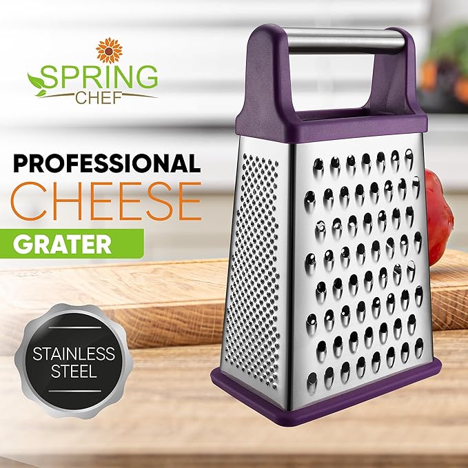 Spring Chef Purple Professional Stainless Steel XL Parmesan Cheese Grater with Handle - Manual Box Grater for Kitchen, 4 Sides, Dishwasher Safe Food Shredder for Vegetable, Potato, Hard Cheese, Carrot