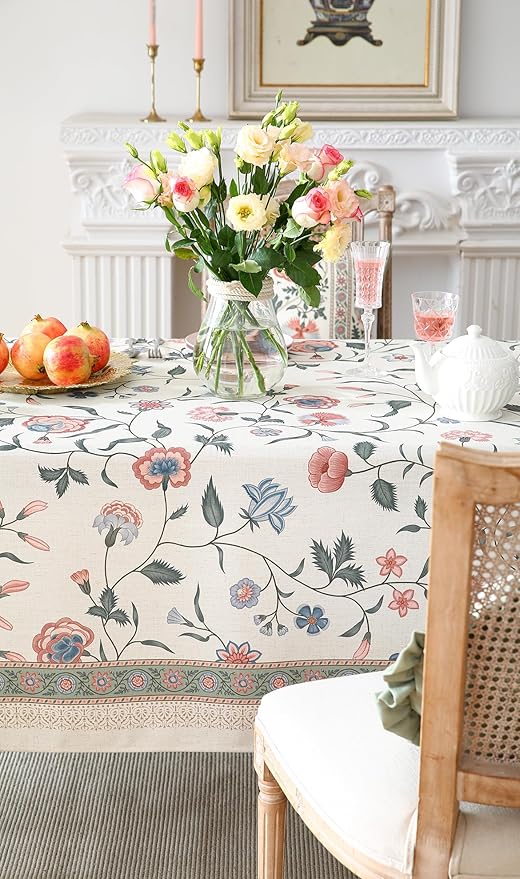 French Tablecloth for Rectangle Tables,Linen Table Cloth with Pink Flowers and Leavs Pattern,Heavy Durable Table Cover for Dining Thanksgiving Kitchen Decor Party Christmas,63"*102"