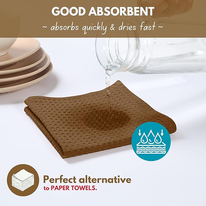 Native Fab Waffle 12 Pack Dish Cloths - 100% Cotton, Absorbent, Quick Drying, Washable Towels for Cleaning, Cooking & Baking - Ideal for Home, Restaurants, Bars, BBQs - 12 x 12 inches - Brown