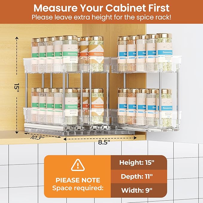 Pull Out Spice Rack Organizer for Cabinet, Slide Out Spice Racks Organizer, Easy to Install Spice Cabinet Organizers, 2.3''Wx10.35''Dx8.26''H, 3 Pack-2 Tier(Clear)