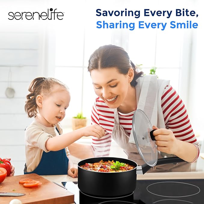 SereneLife 6-Piece Pots and Pans Set – Nonstick Cookware, Black Coating, Heat-Resistant, Dishwasher safe, Includes Fry Pans, Saucepans with Lids, Color Black