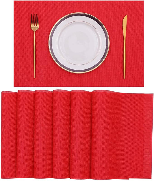 SHACOS Placemats Set of 6 Woven Vinyl Christmas Place Mats for Dining Table Wipe Clean Stain Resistant Table Mats Indoor Outdoor (6, Red)
