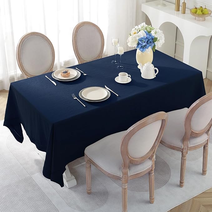 Linen World Hemstitch Linen Tablecloth, French Linen Navy Tablecloth 90" x 60" Inch, Washable Rectangular Table Cloth for Dining, Outdoor, Weddings and Restaurants, Decorative Valentine Easter