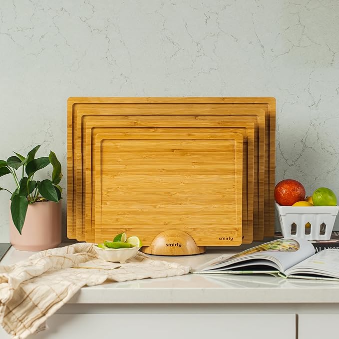 SMIRLY Bamboo Wooden Cutting Boards for Kitchen, Set of 4 Large - Small with Holder, Bamboo Wood Cutting Board Set with Deep Juice Grooves, Non Toxic Serving Tray, Gifts for Women