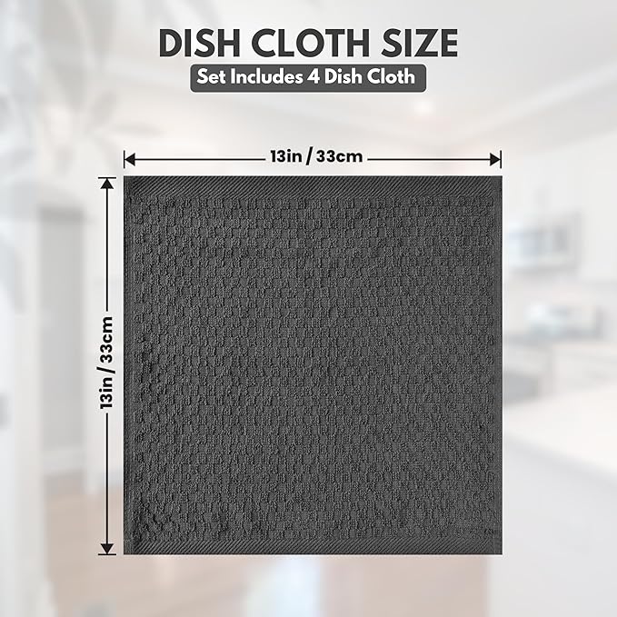 Infinitee Xclusives Premium Dish Cloth 100% Cotton 12 x 12 Inches |Pack of 4| - Ultra Soft Tea Towels - Highly Absorbent Kitchen Rags - Terry Dishcloth for Kitchen and Household Cleaning |Grey|