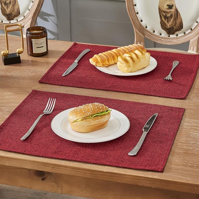 BALCONY & FALCON Placemats Set of 6 Faux Linen Cloth Place Mats Washable Waterproof Wrinkle Resistant Table Placemats for Dining Kitchen Farmhouse Indoor & Outdoor Use(Ruby Red, 13.8”x 17.7”