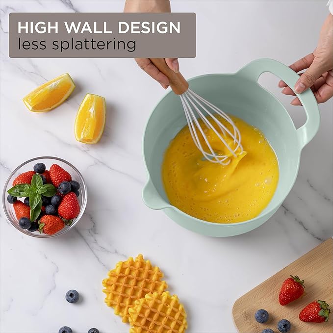 COOK WITH COLOR Nesting Plastic Mixing Bowl Set with Pour Spouts and Handles, Mint, 6 Piece Non-Slip