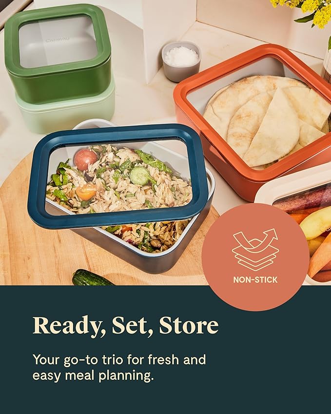 Caraway 3pc Glass Food Storage Set - 10, 6.6, & 4.4 Cup Containers - Ceramic Coated - Non-Toxic Non-Stick Lunch Box With Glass Lids - Dishwasher, Oven, & Microwave Safe - Perracotta