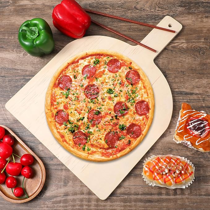 4 Pcs Wooden Pizza Peel 12 Inch, Large Wooden Pizza Spatula Paddle with Wood Handle, Natural Cutting Board Pie Platters for Restaurant Baking Homemade Bread Cutting Fruit Vegetables Cheese