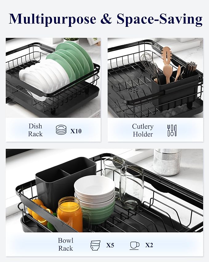 Kitsure Dish Drying Rack for Kitchen Counter, Stainless Steel Sink Organization and Storage Essentials with Cutlery Holder, Home and Appartment Decor, 12.2''W x 15.7''~23''L, Black