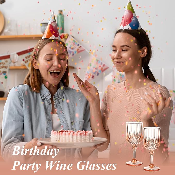 XUWAIDSGN 16 Pcs 7oz Plastic Vintage Wine Glasses Drinking Glasses Unbreakable Wedding Glassware Crystal Water Goblets Reusable Drinkware Vintage Champagne Flutes (16, Pink)