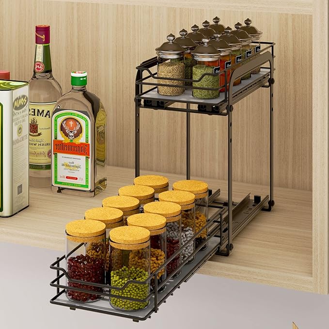 Spice Rack Organizer for Cabinet, 2 Tier Pull Out Spice Organizer for Cabinet Height Adjustable Heavy Duty Metal Basket for Inside Cabinets & Pantry Closet