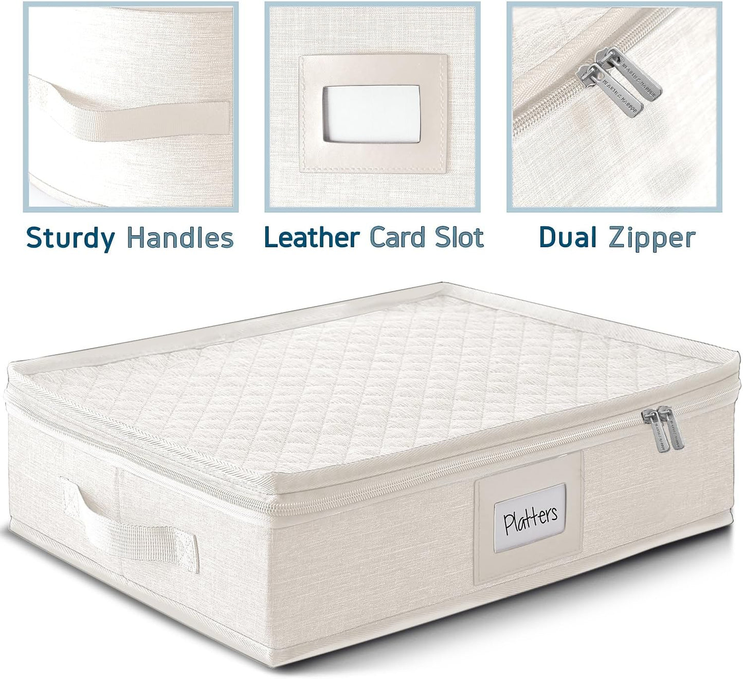 Platter Storage Case – Fine China Storage Containers Hard Shell, Quilted and Stackable 16”x 12.5”x 3.5” Platter Storage Container with Handles and Felt Dividers for Moving and Seasonal Storage, Cream