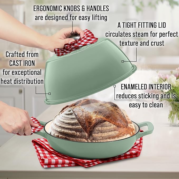 Signature Enameled Cast Iron Sourdough Bread Oven | Non-Stick with Tight Fitting Lid for Perfect Baking and Bread Making | 6QT Round Oven With Lid [Sage Green]