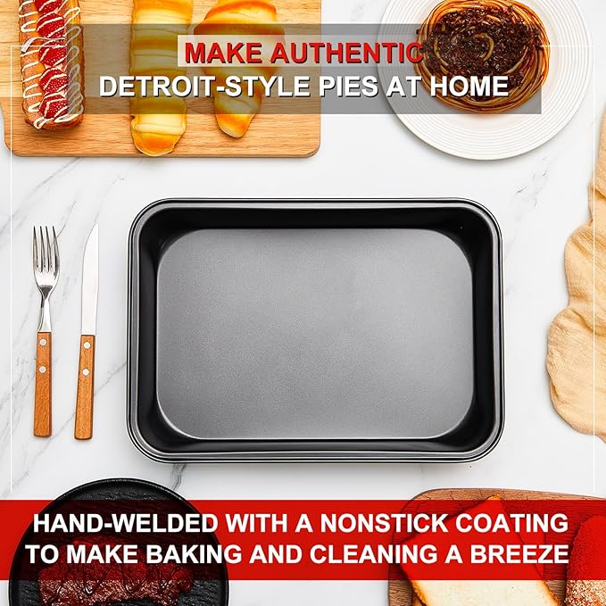 3 Pcs Detroit Style Pizza Pan 13.4 x 9.5 x 2.2 Inch Non Stick Rectangle Deep Pizza Pans Pre Seasoned Carbon Steel Sicilian Style Pan Dish Bakeware Kitchenware