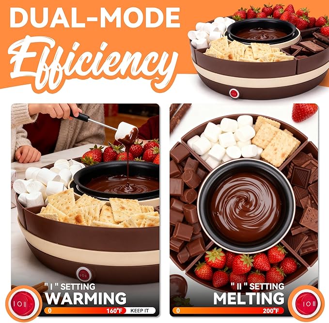 Cheese & Chocolate Fondue Machine, Candy Melting Pot for Party, Electric Fondue Pot Set, Chocolate Warmer, Hot Chocolate Maker, 4-Section Food Tray, Brown