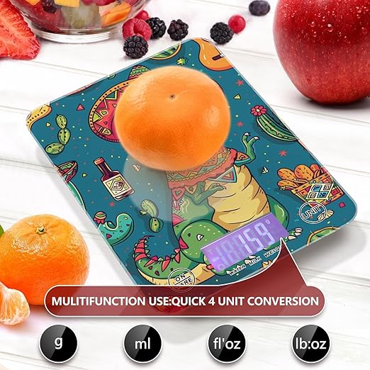 Blue Dinosaur Cactus Food Scale Kitchen Digital Scale Food Ounces and Grams Dieting Baking Cooking Waterproof Glass Panels LCD Display,4 Units Tare Function