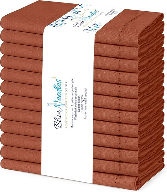 Blue Needles Set of 12 Hemstitch Linen Napkins 100% Cotton Rust Cloth Dinner Napkins 18x18 inches, Soft, Reusable, Absorbent, Washable, Ideal for Fall Thanksgiving Events, Parties & Everyday Use