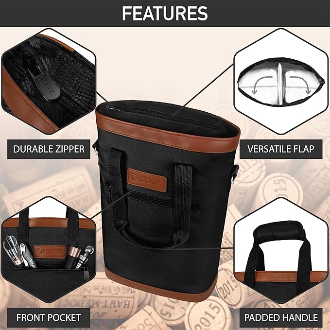 opux Two Bottle Wine Bag Carrier Tote, Insulated Leakproof 2 Bottle Wine Cooler Bag for Travel BYOB Picnic, Portable Wine Case, Gift for Men Women Wine Lover Birthday Party Christmas, Black