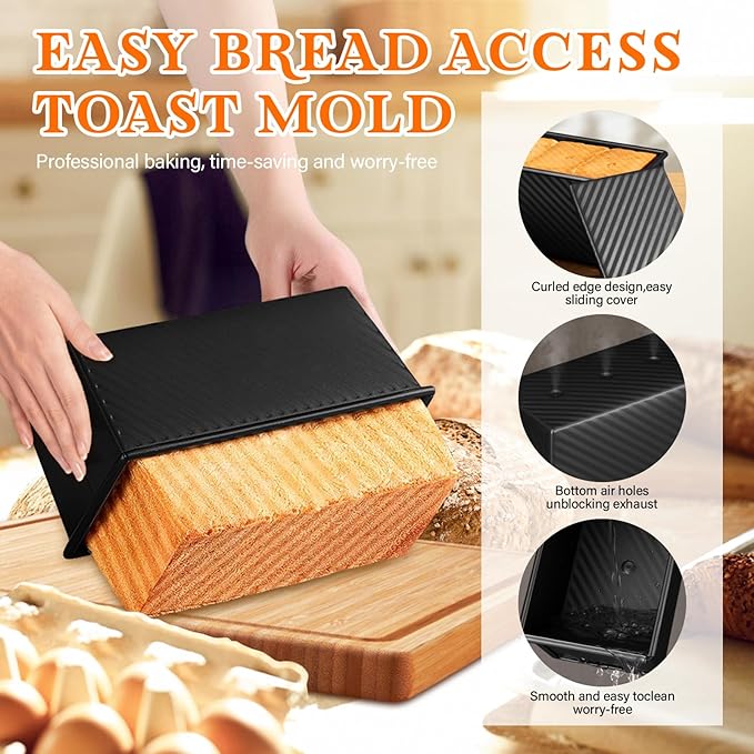 Pullman Loaf Pan Set with Lids – 2 Pack Nonstick Bread Pans for Baking, 2.2lb & 1lb Dough Capacity, Carbon Steel Sandwich Toast Mold for Shokupan, Pain de Mie & Sourdough with Baking Tools