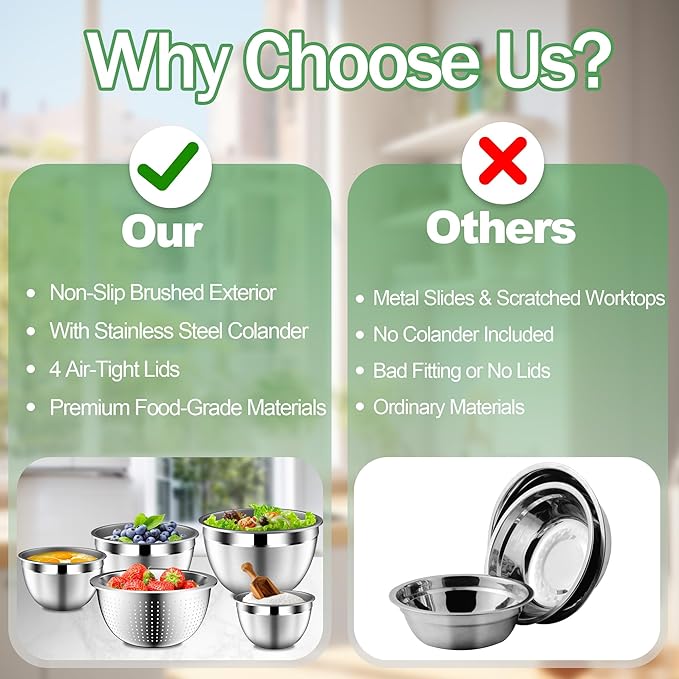 Mixing Bowls with Lids Set, Stainless Steel Mixing Bowls with Colander, Strainer with Mixing Bowl Set, Kitchen Gadgets Bowl Christams Gift, Size 4.5, 2.5, 2, 1.5QT - Black