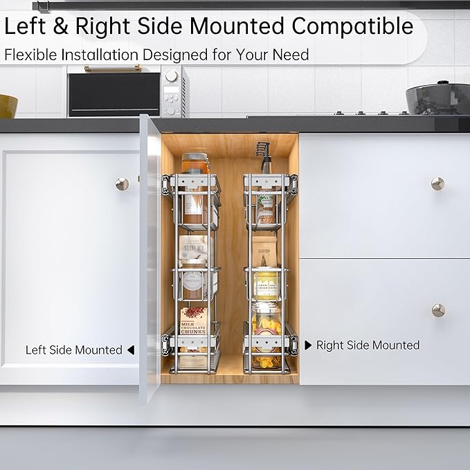 Narrow Pull Out Cabinet Organizer(4⅜" W x 18⅛" D),Pull Out Spice Rack, 3-Tier Side Mount Slide Out Spice Rack for Narrow Cabinet