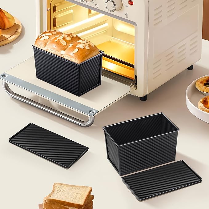LIANYU 2 Pack Pullman Bread Loaf Pan with Lid, 1 Pound Dough Nonstick Loaf Baking Pans, Metal Bakeware for Sourdough Sandwich Homemade Bread, Carbon Steel Corrugated Toast Tin, Black